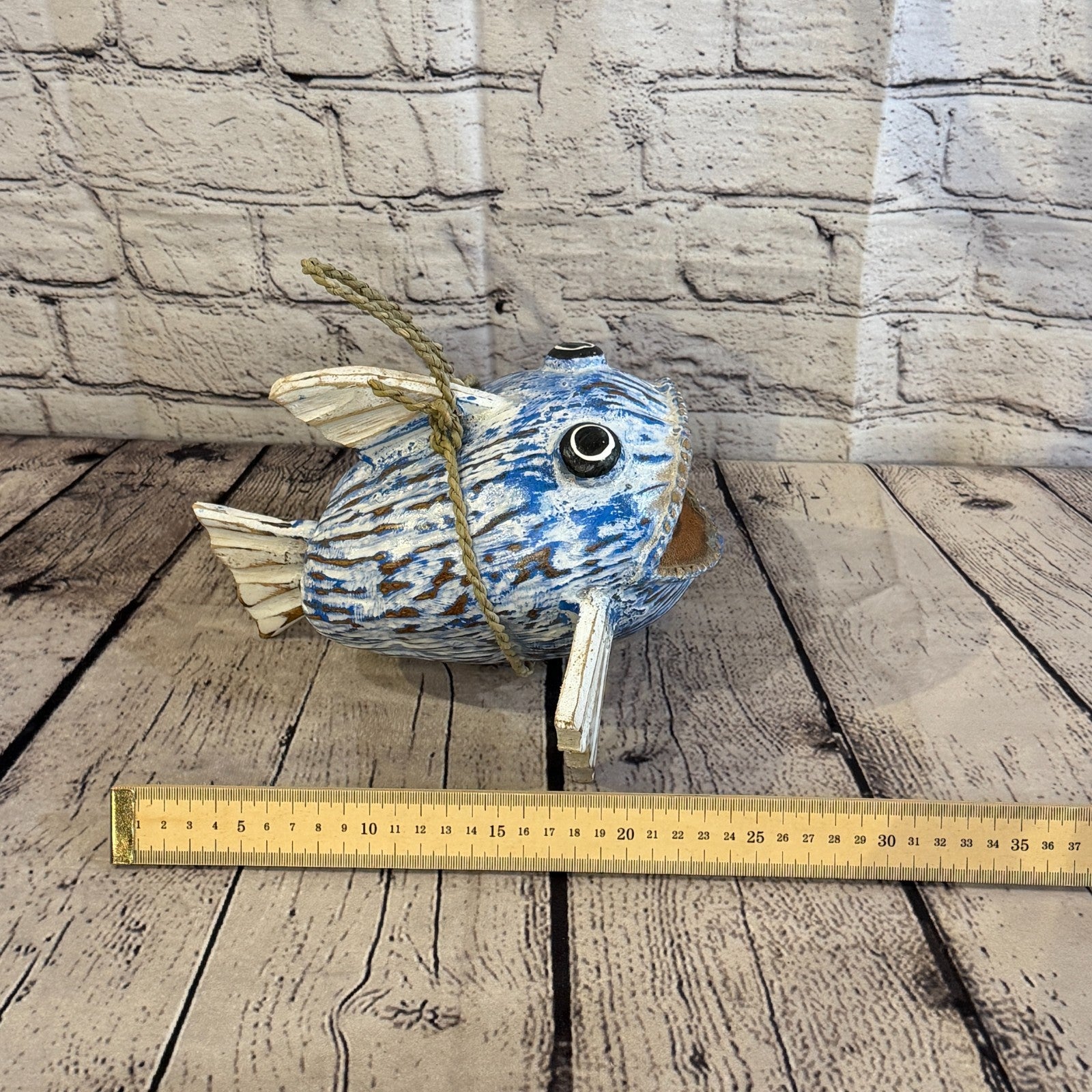 Green Blue Fins Folk Art Painted Shark Fish Coconut Shell Ornaments Hanging6
