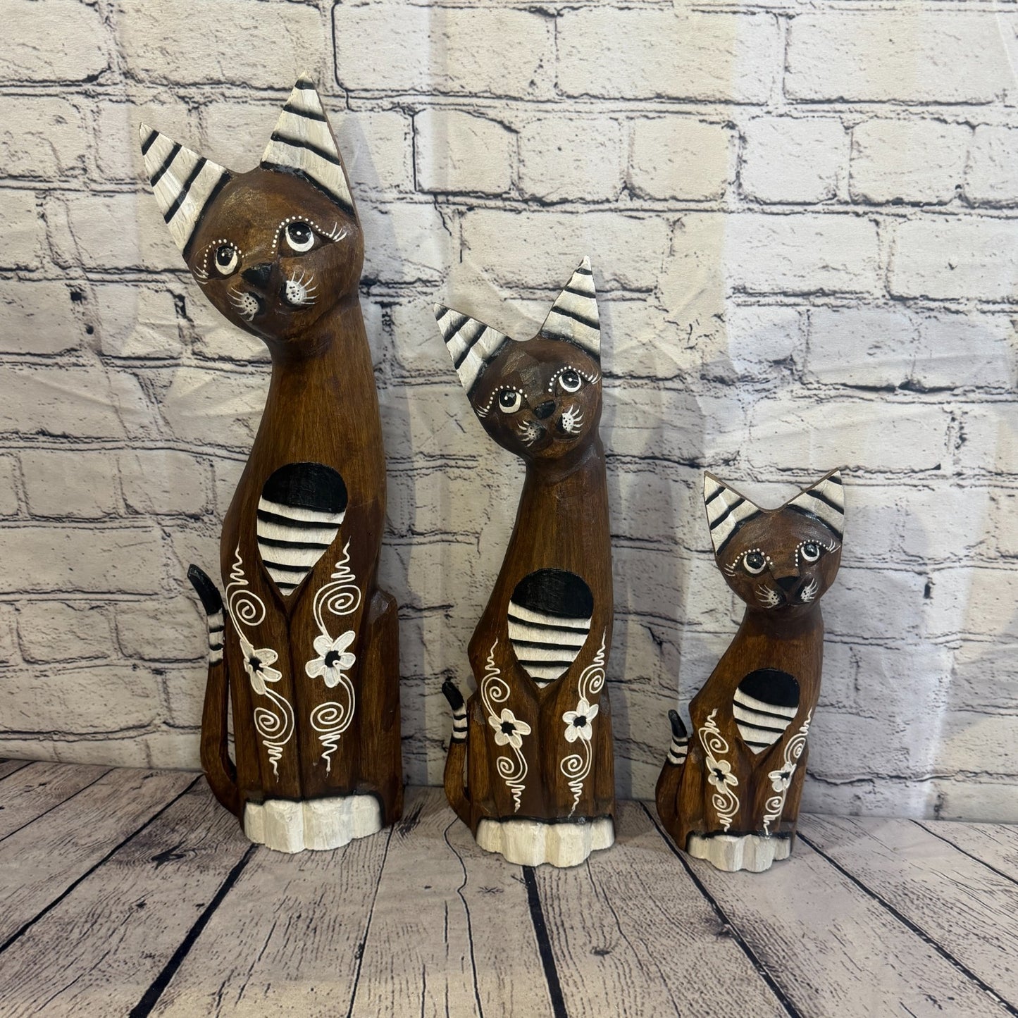 40cm Brown Flower Wooden Shabby Cat Statue Ornament Fair Trade Handcarved8