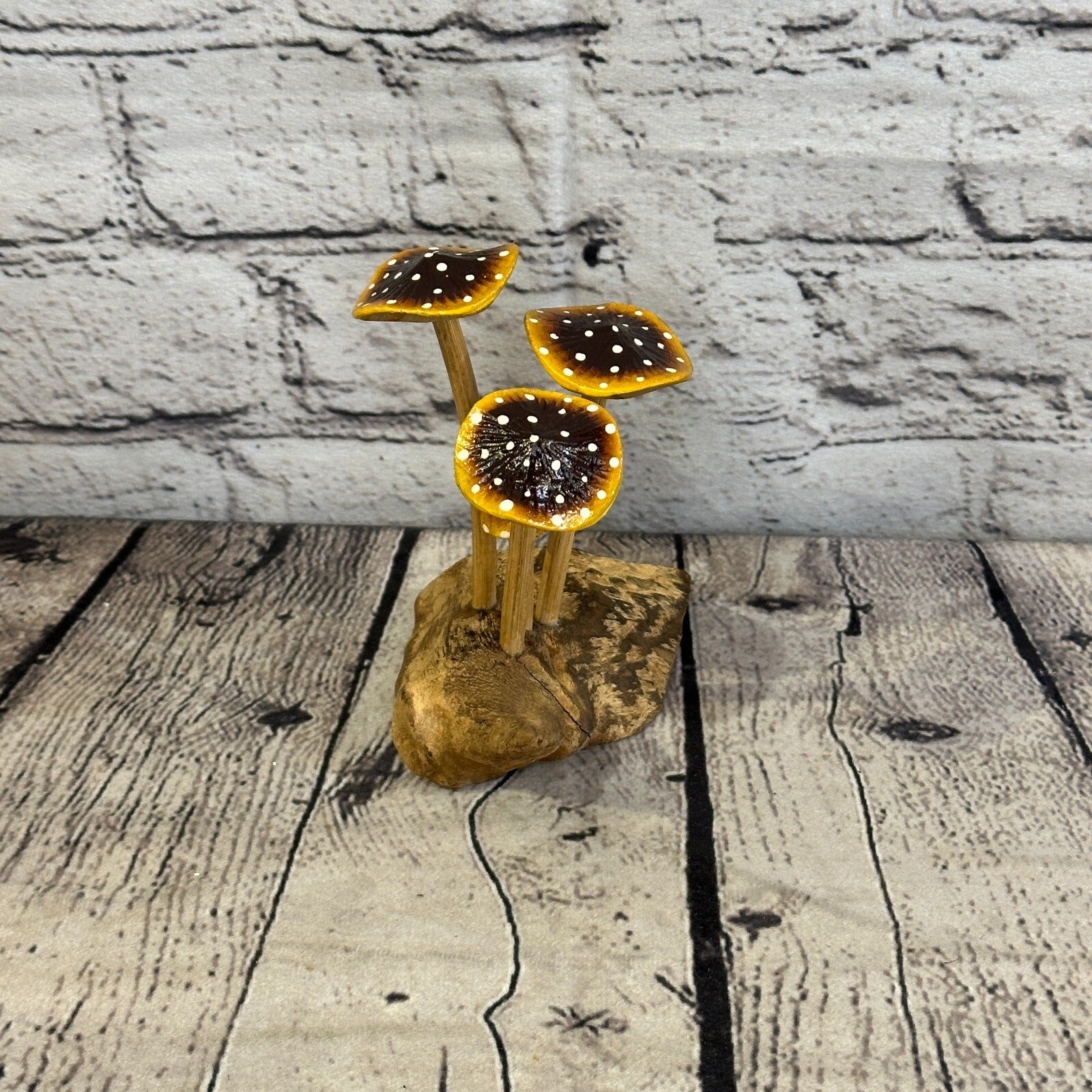 Brown Yellow Painted Mushroom Parasite Ornament Natural Carving Fairtrade Wooden3