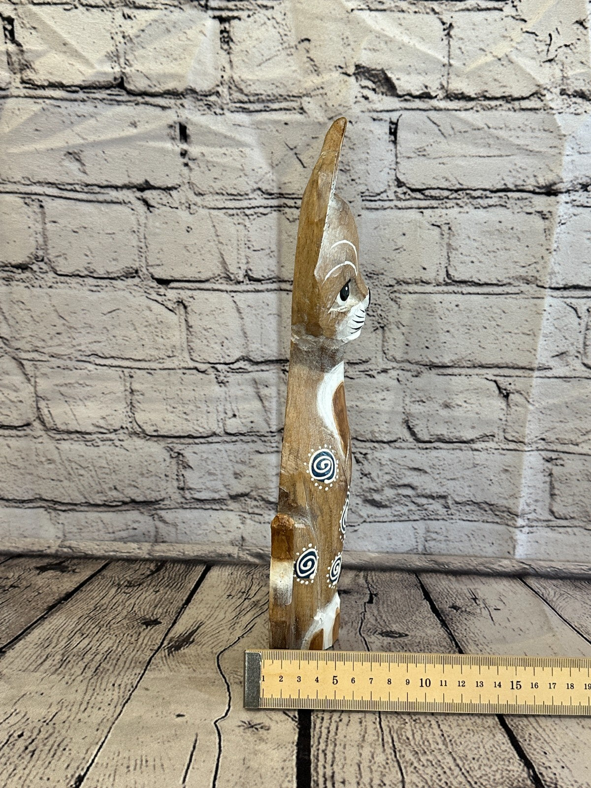 30cm Light Brown Flower Wooden Shabby Cat Statue Ornament Fair Trade Handcarved7