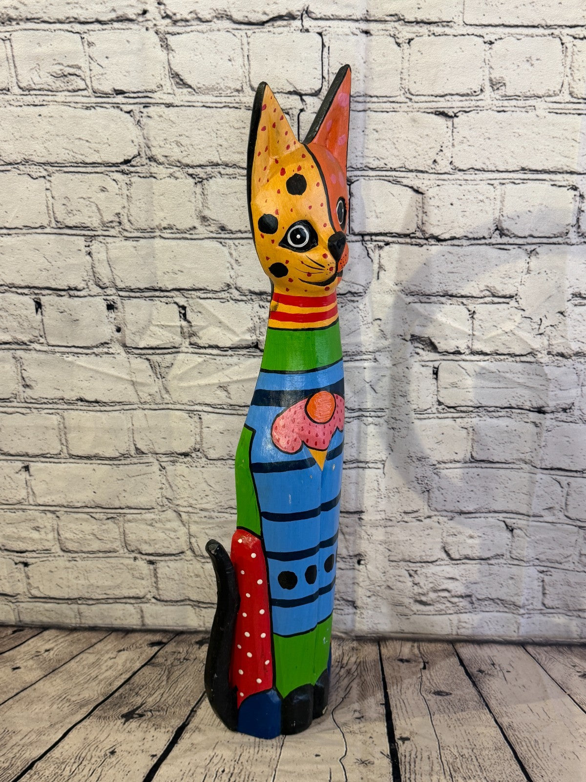60cm Bright Mix Flower Wooden Shabby Cat Statue Ornament Fair Trade Handcarved2