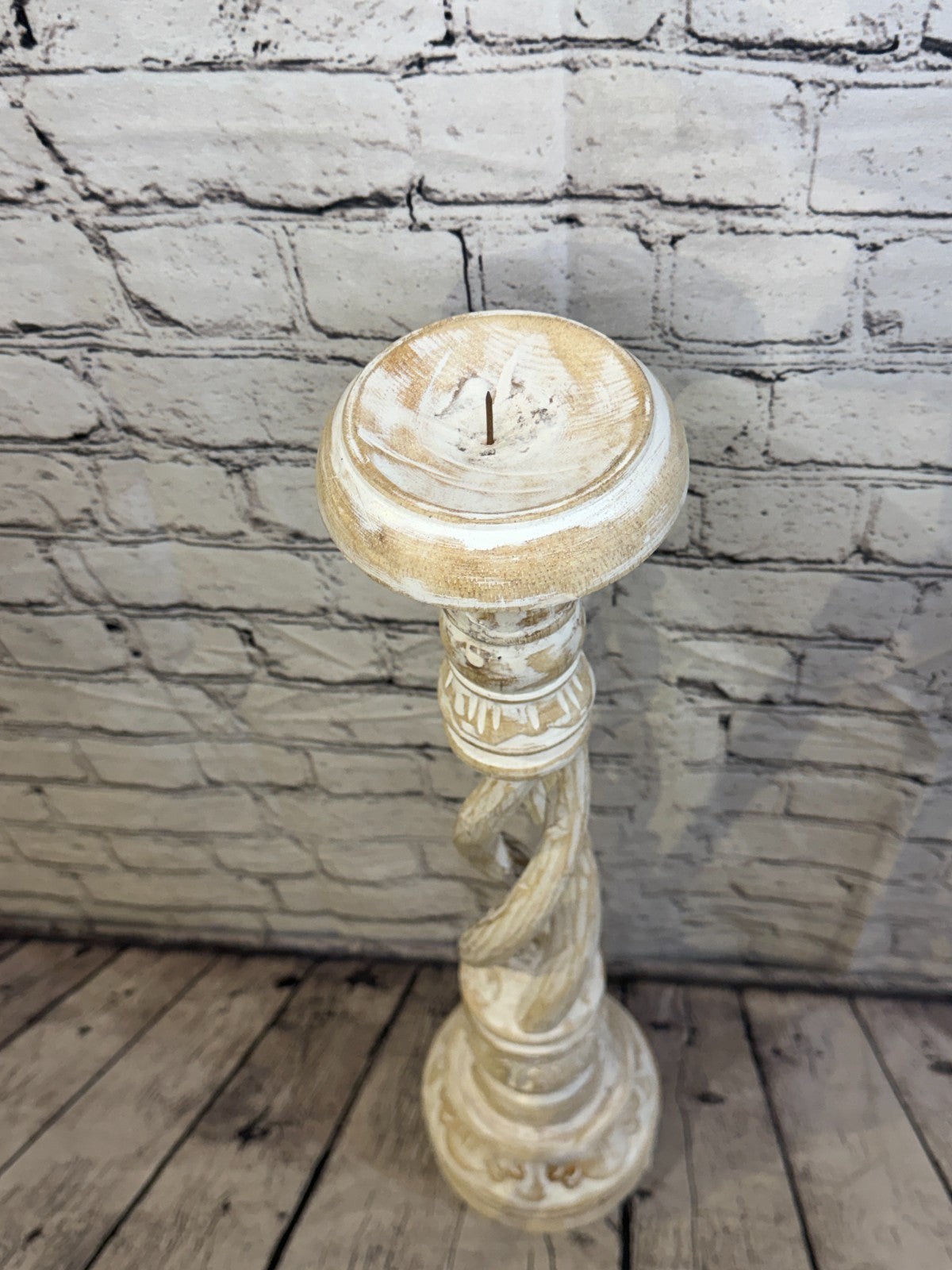 80cm x 18cm White Twist Wooden Vintage Style Candle Stand Shabby Pillar Holders5
