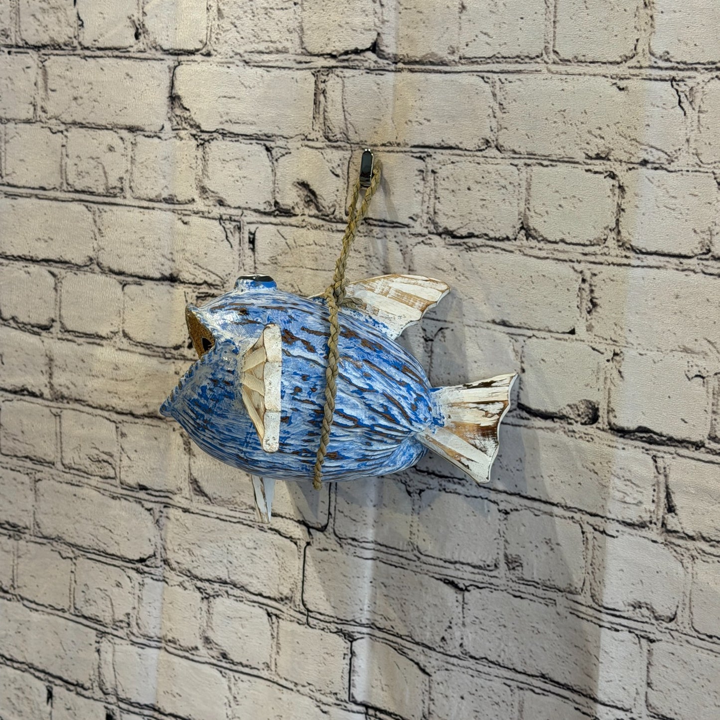Green Blue Fins Folk Art Painted Shark Fish Coconut Shell Ornaments Hanging9
