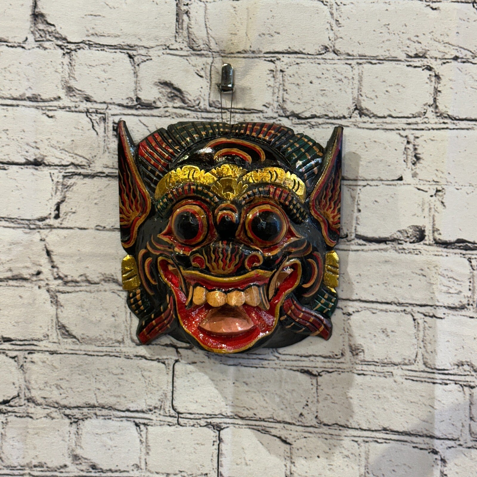 Large Wooden Black Barong Wall Mask 20cm x 20cm Handmade And Fairtrade Hindu2