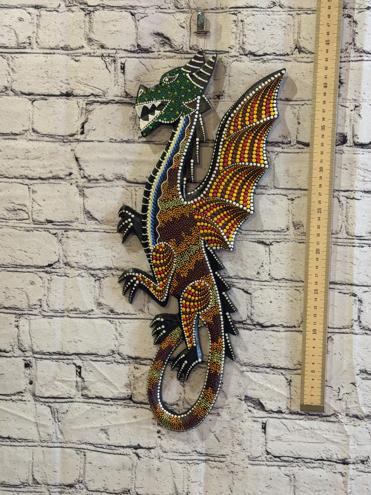 45cm Dragon Carved Wooden Dot Painted Ethnic Tribal Tiki Wall Art No 44