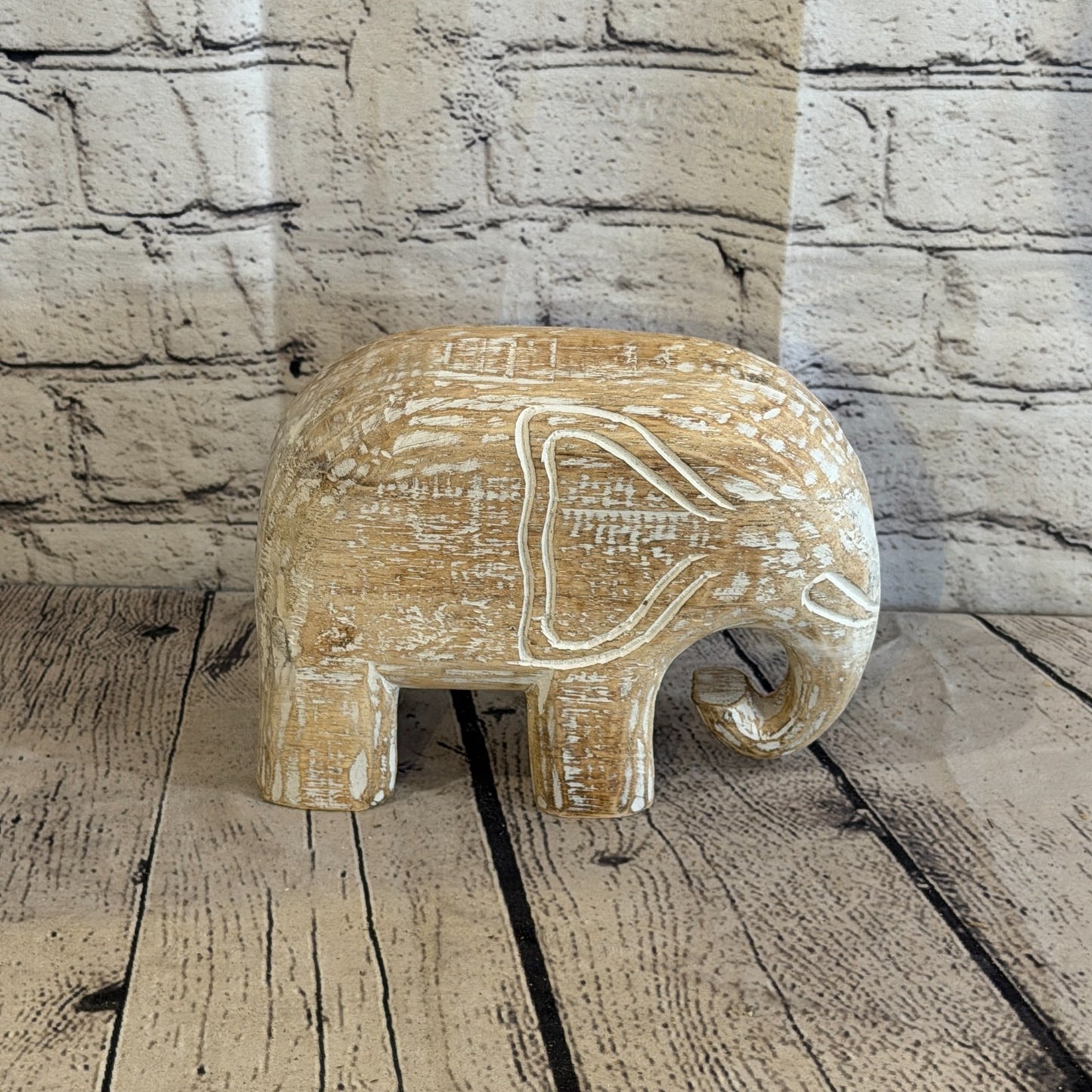 15cm x 20cm White Wood Wooden Standing Elephant Hand Carved Painted Statue3