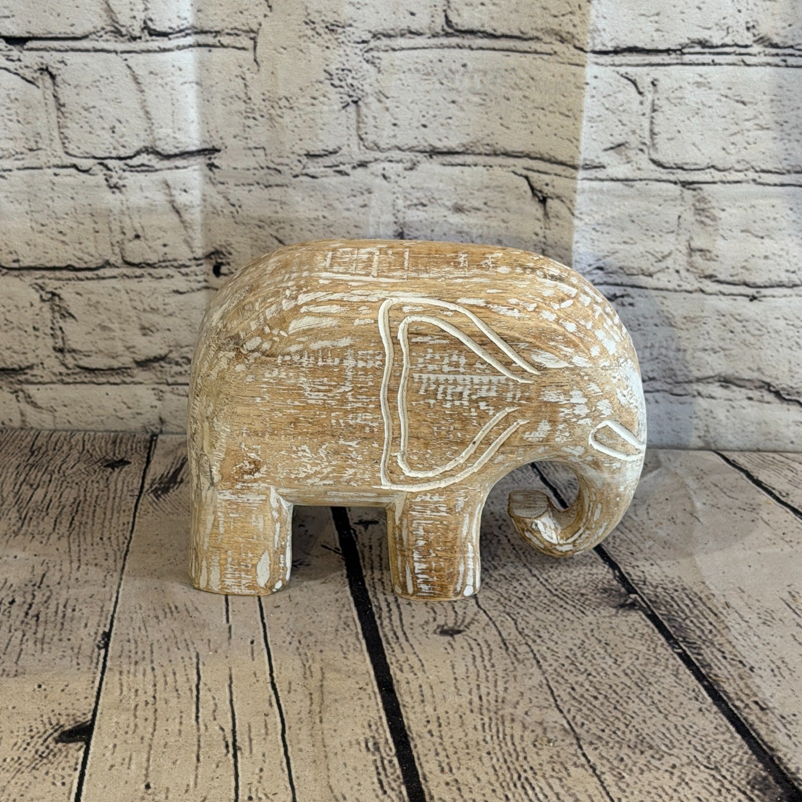 15cm x 20cm White Wood Wooden Standing Elephant Hand Carved Painted Statue3