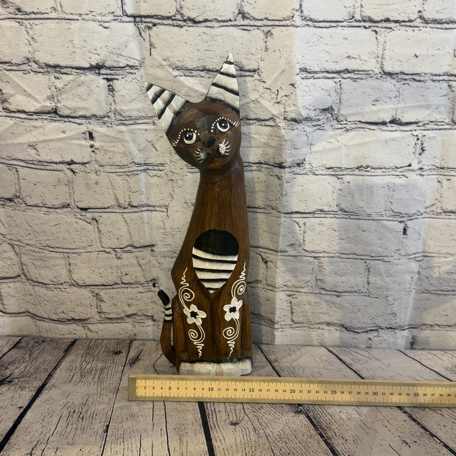 40cm Brown Flower Wooden Shabby Cat Statue Ornament Fair Trade Handcarved6