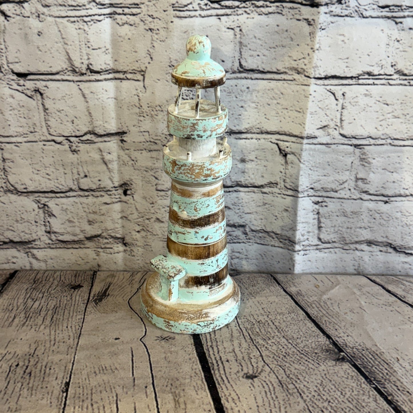 25cm Green White Wooden Lighthouse Detailed Ornament Nautical Coastal Sculpture0