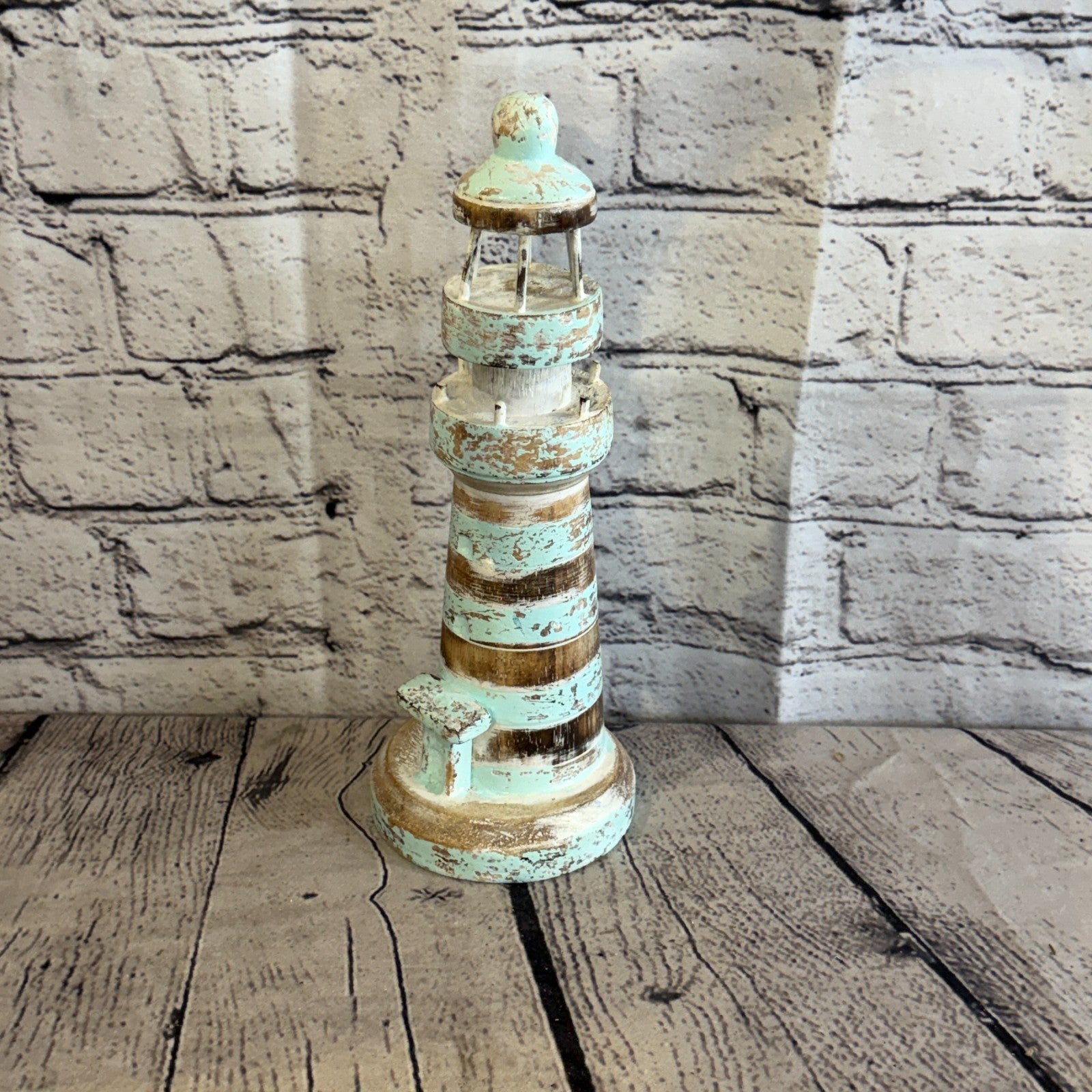 25cm Green White Wooden Lighthouse Detailed Ornament Nautical Coastal Sculpture0