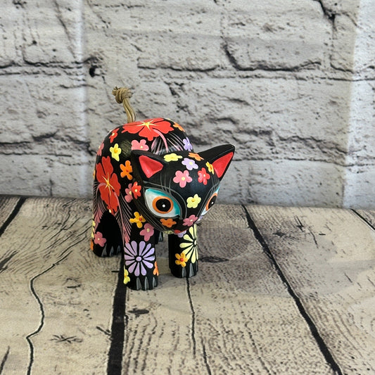 Black Small Wooden Cat With Flower Pattern 10cm x 8cm Handmade and Fairtrade0