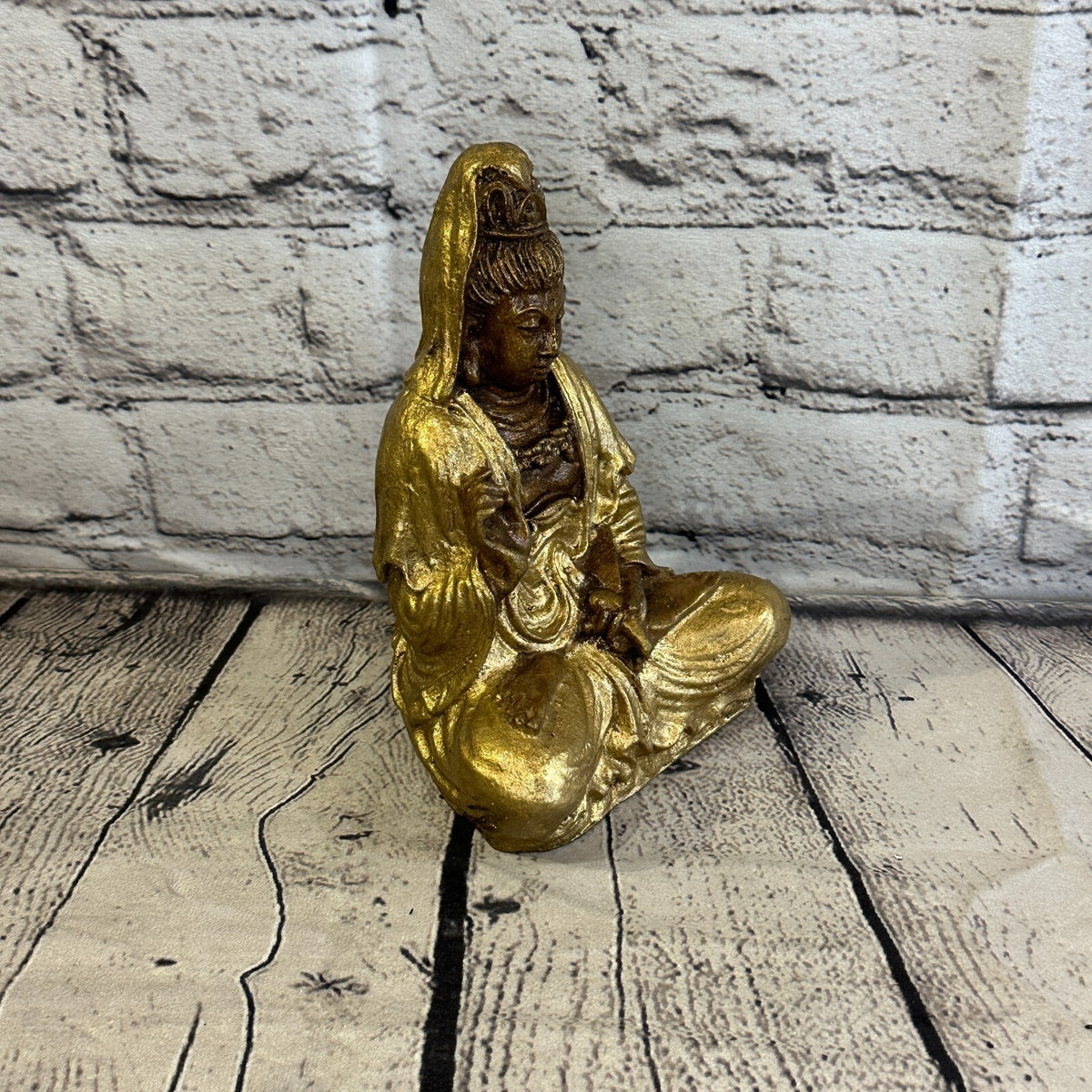 Gold & Bronze 18cm x 10cm Small Quan Yin Sitting Lotus Statue Resin Hindu God2