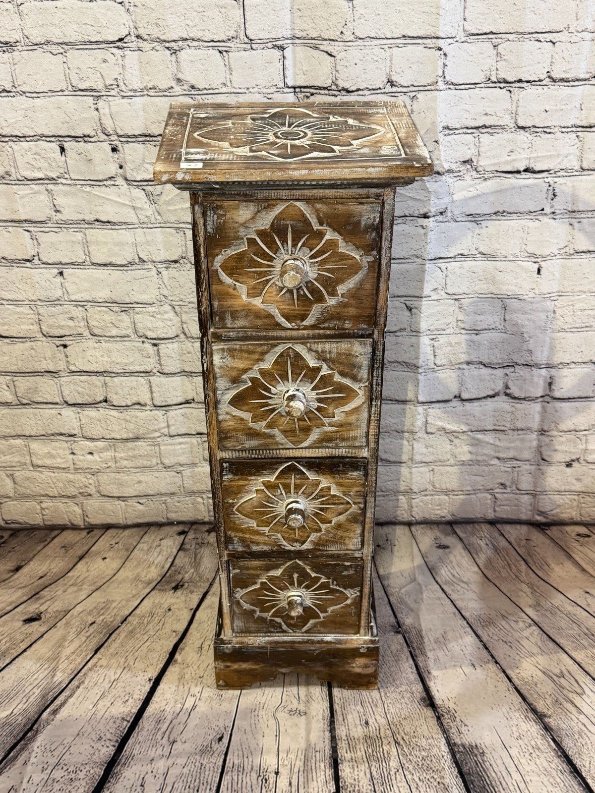 80cm x 25cm Brown 4 Draw Pillar Wooden Side Cabinet Living Storage Furniture1