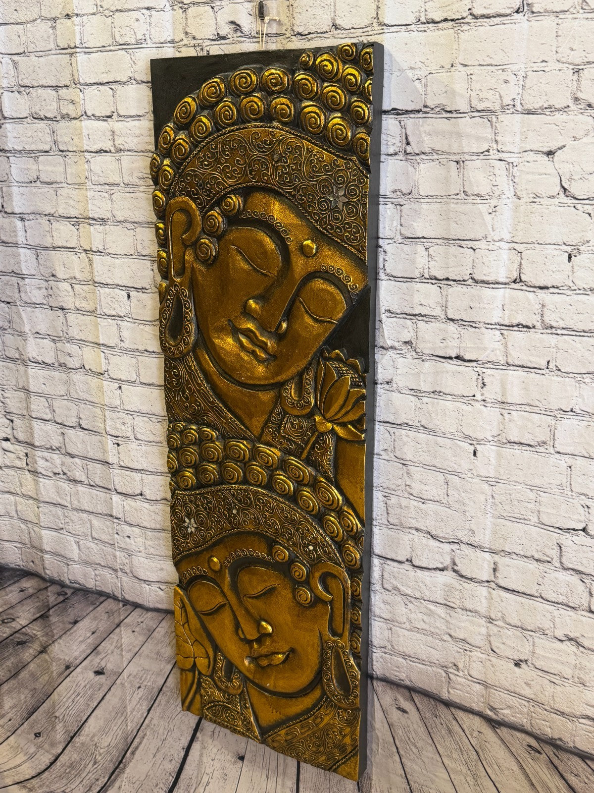 120cm x 40cm Gold Black 2 Buddha Wall Art Plaque Handcarved Wooden Wood Panel2