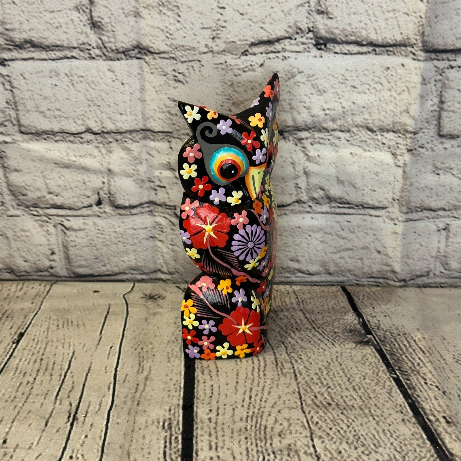 Black Medium Wooden Owl With Flower Pattern 15cm x 8cm Handmade and Fairtrade2