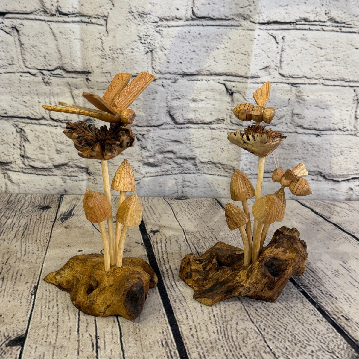 Dragonfly Mushroom Stand Parasite Wood Ornament Natural Carving Wooden Standing8