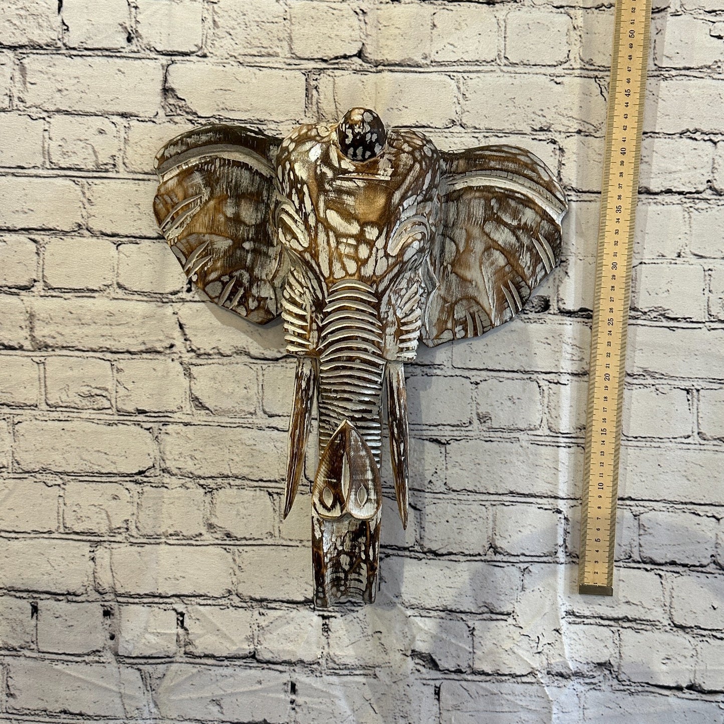 40cm x 35cm Brown Carved Wood Elephant Head Wall Mounted Art Large Shabby3