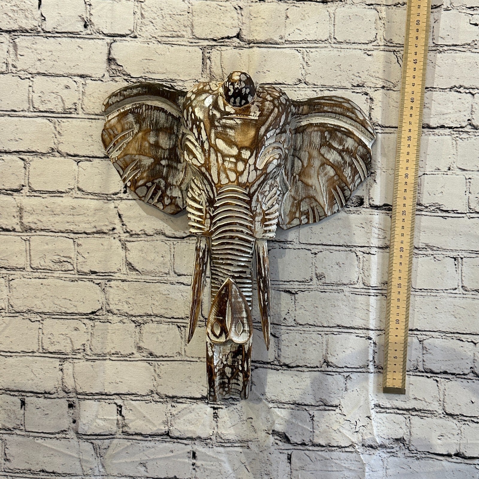 40cm x 35cm Brown Carved Wood Elephant Head Wall Mounted Art Large Shabby3