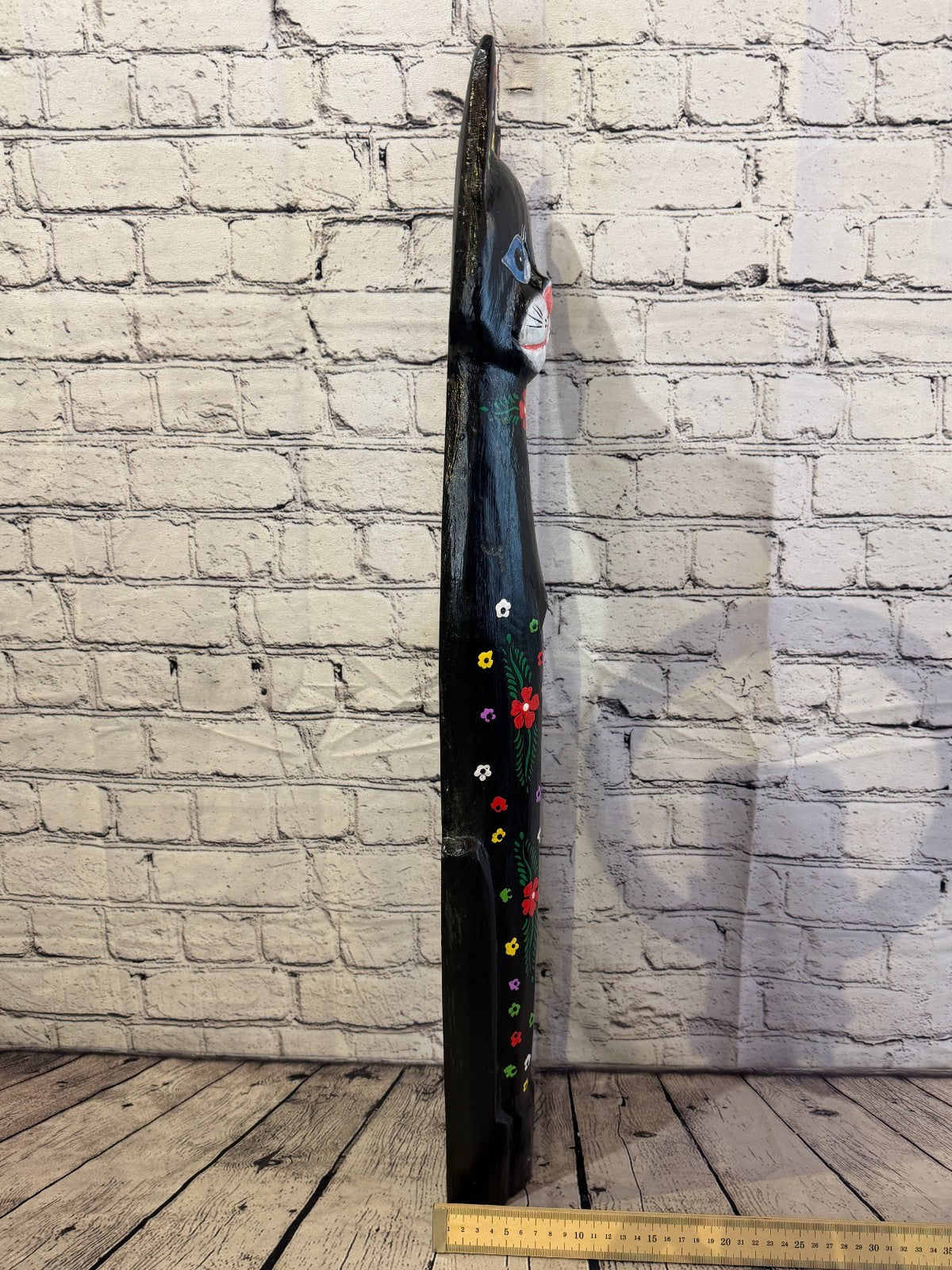 80cm Black Mix Flower Wooden Shabby Cat Statue Ornament Fair Trade Handcarved7