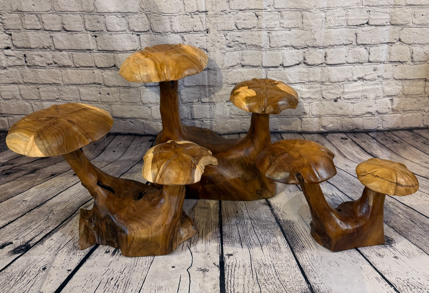 45cm x 35cm Double Wooden Mushroom Toadstool Sculpture Garden Teak Root Ornament8