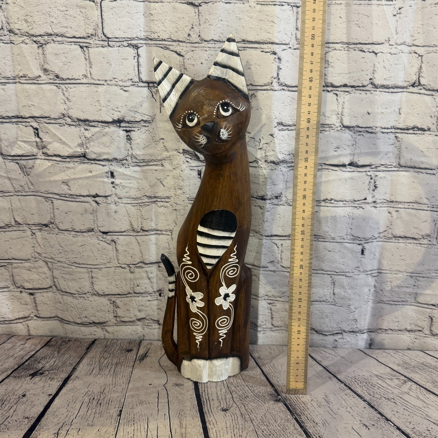60cm Brown Flower Wooden Shabby Cat Statue Ornament Fair Trade Handcarved5