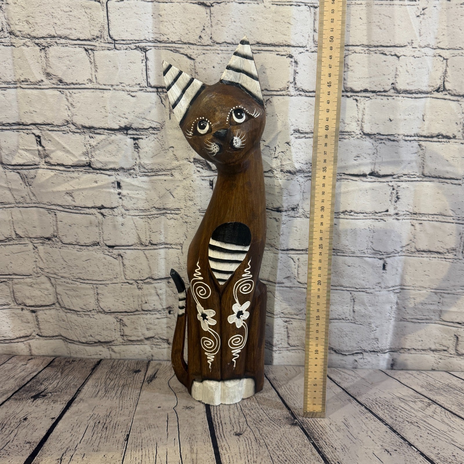 60cm Brown Flower Wooden Shabby Cat Statue Ornament Fair Trade Handcarved5