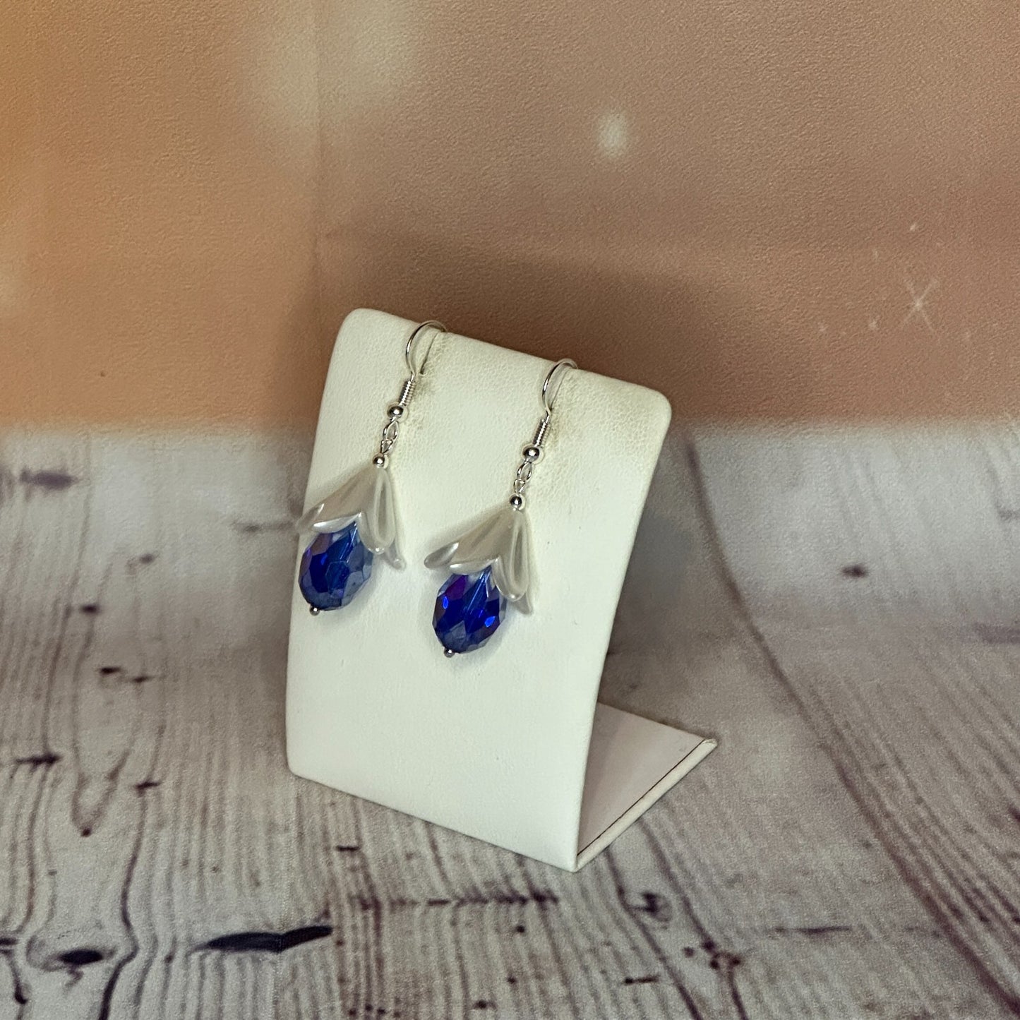Dark Blue Drop Crystal Lily Flower Dangle Drop Earrings Handmade UK Jewellery1