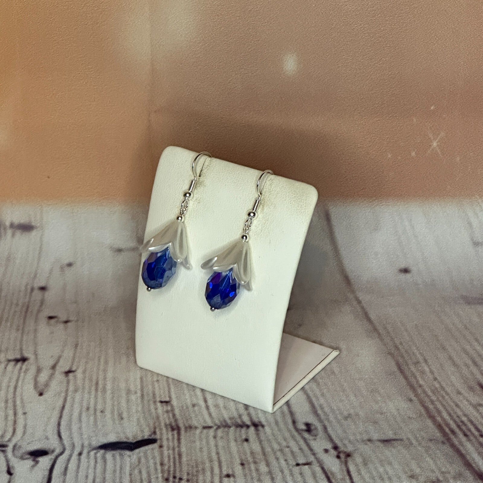 Dark Blue Drop Crystal Lily Flower Dangle Drop Earrings Handmade UK Jewellery1