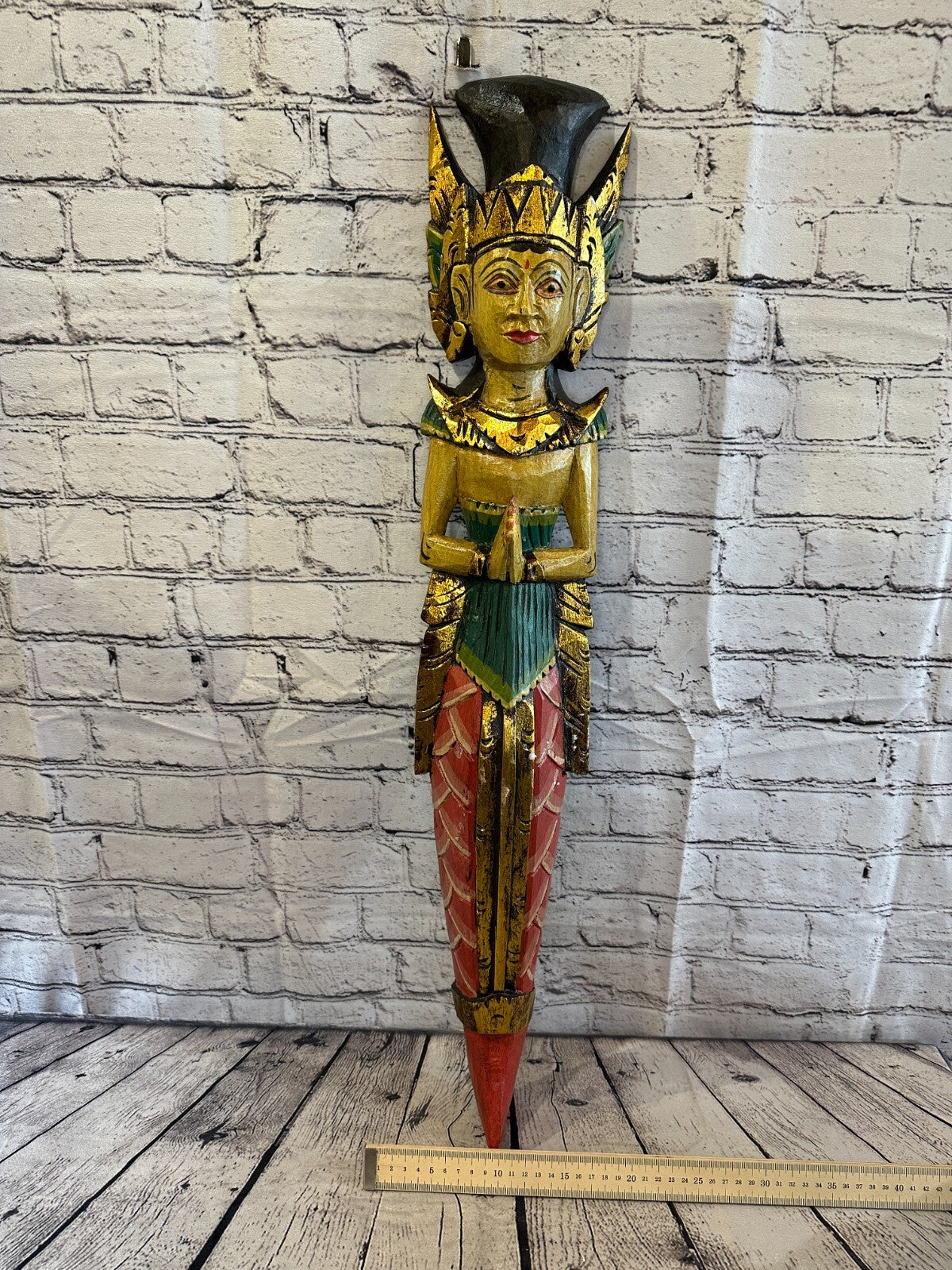 Old Antique Colour Sita Dewi Bali Rice Goddess Wings Mermaid Wood 80cm Pair8