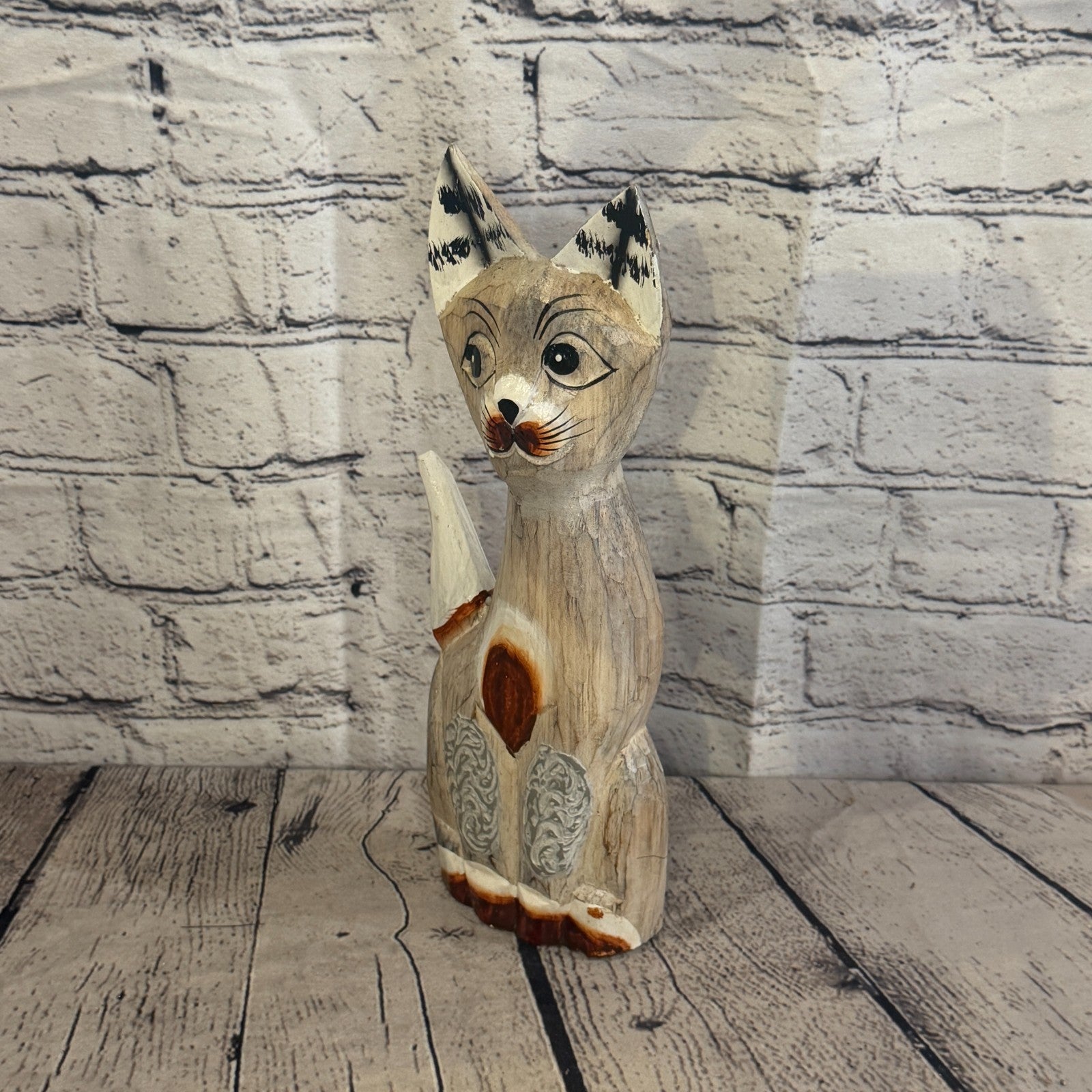 30cm White Dots Wooden Shabby Cat Statue Ornament Fair Trade Handcarved1