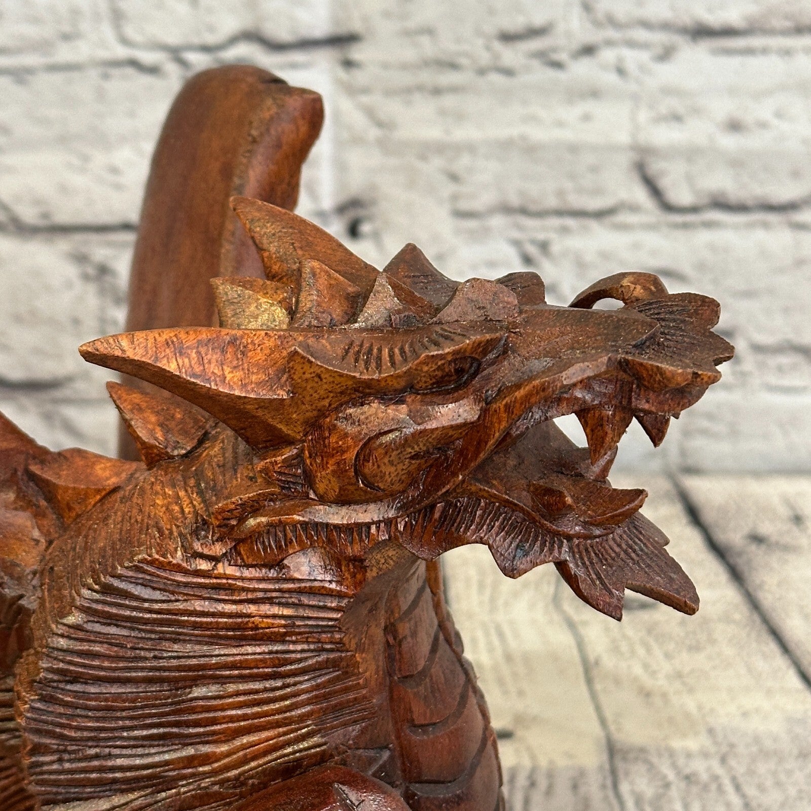 20cm x 20cm Dark Wooden Standing Dragon Carving Hand Carved Wing Back Dragon1