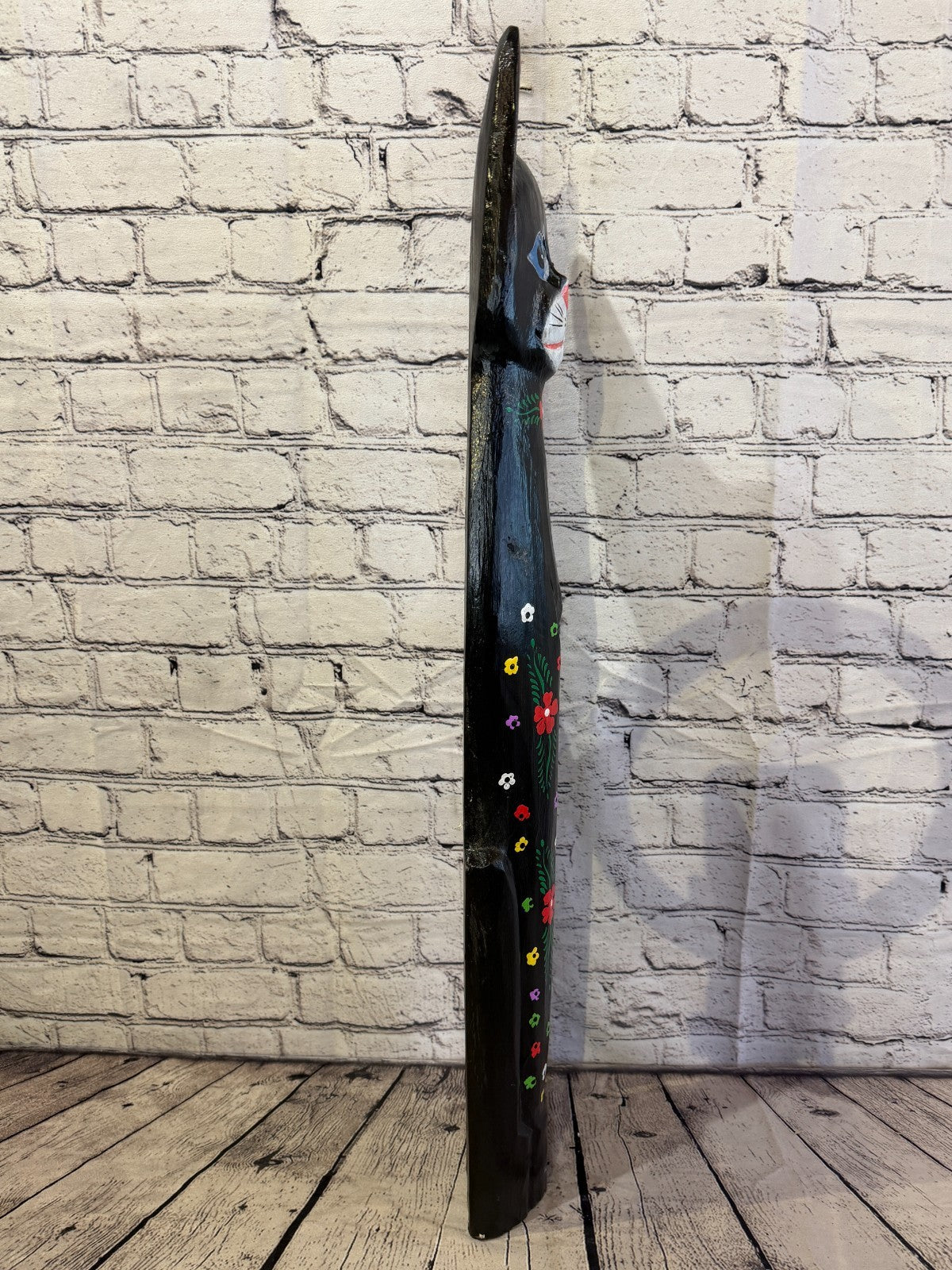80cm Black Mix Flower Wooden Shabby Cat Statue Ornament Fair Trade Handcarved3