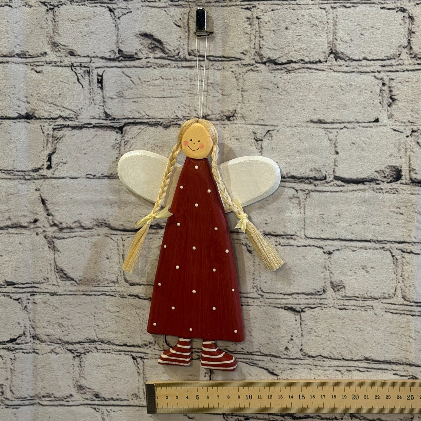 25cm Red Wall Hanging Angel Figurine Folk Art Wood Fabric Baltic Handmade5