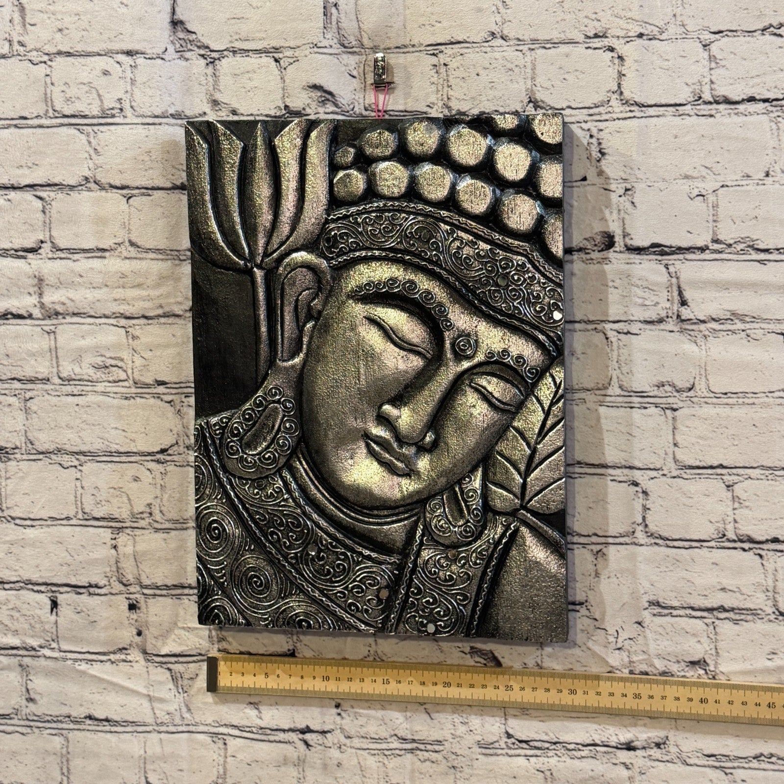 Wooden Wood Panel 40cm Silver Black Buddha Lotus Wall Art Plaque Handcarved3