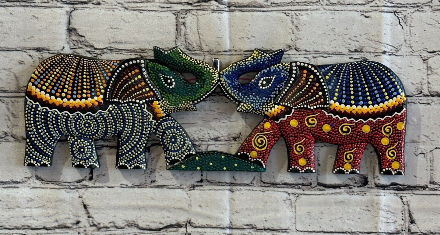 45cm 2 Elephants Carved Wooden Dot Painted Ethnic Tribal Tiki Wall Handmade No 20