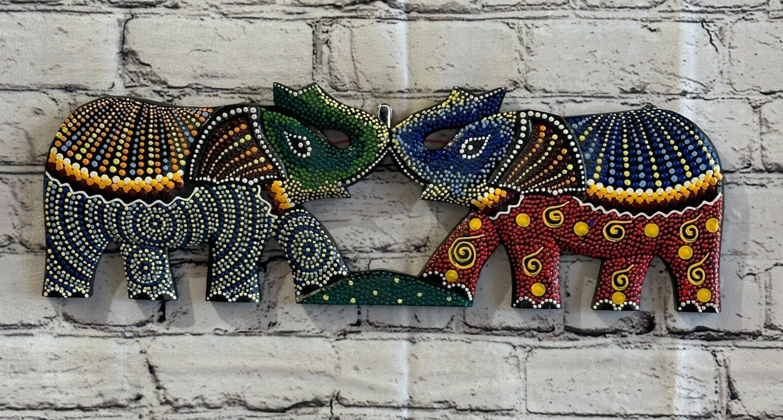 45cm 2 Elephants Carved Wooden Dot Painted Ethnic Tribal Tiki Wall Handmade No 20