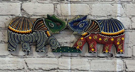 45cm 2 Elephants Carved Wooden Dot Painted Ethnic Tribal Tiki Wall Handmade No 20