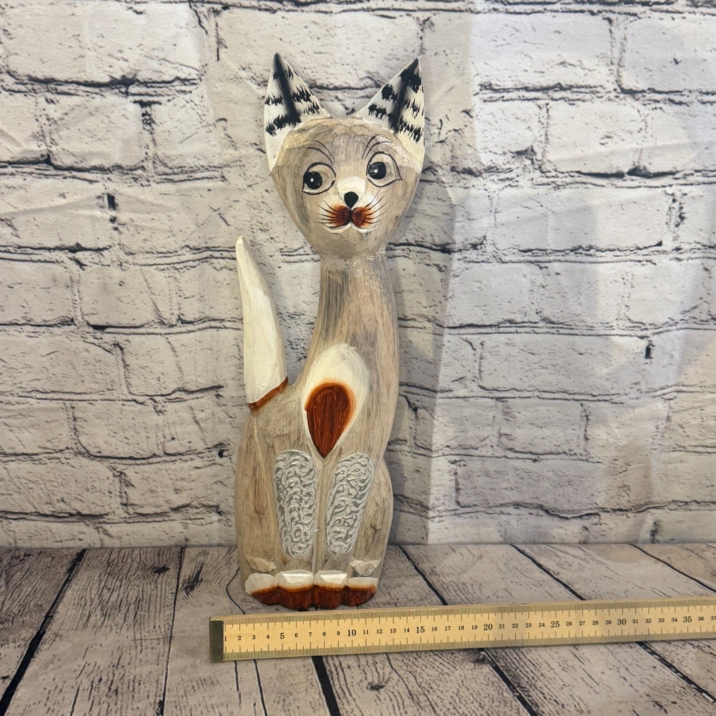40cm White Dots Wooden Shabby Cat Statue Ornament Fair Trade Handcarved6