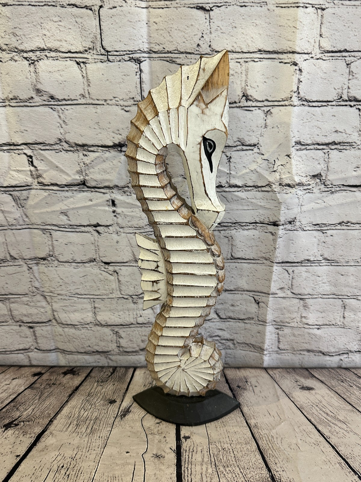 50cm White Brown Wooden Shabby Seahorse Statue Ornament Fair Trade Handcarved3