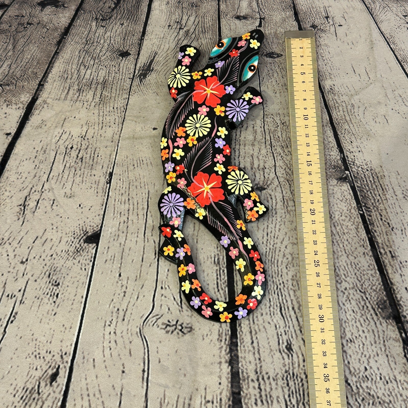30cm Gecko Lizard Black Flower Wood Wall Hanging Wooden Ornaments Carving4