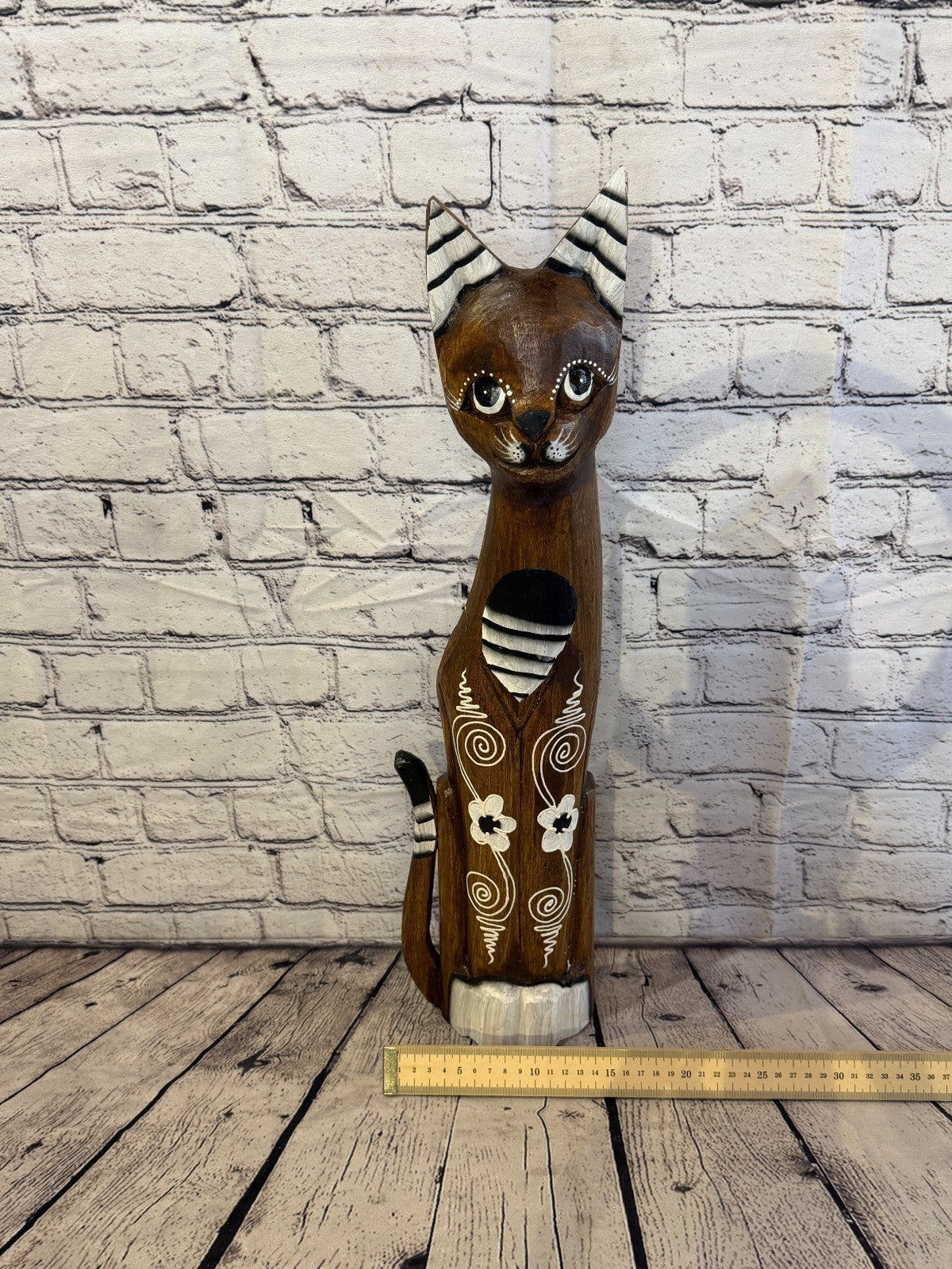 60cm Brown Flower Wooden Shabby Cat Statue Ornament Fair Trade Handcarved6