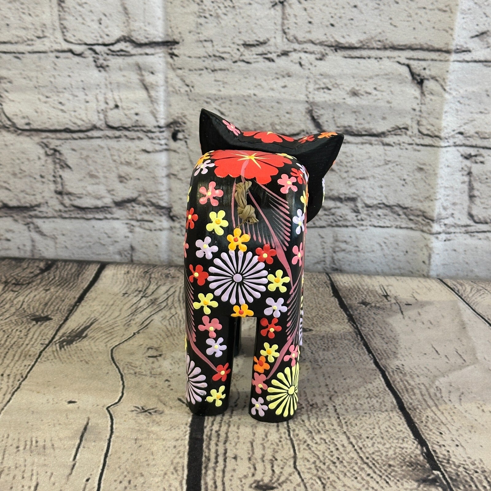 Black Large Wooden Cat With Flower Pattern 15cm x 10cm Handmade and Fairtrade5