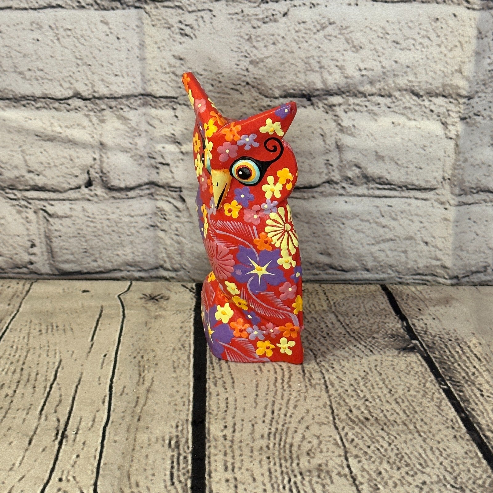 Red Small Wooden Owl With Flower Pattern 12cm x 8cm Handmade and Fairtrade1