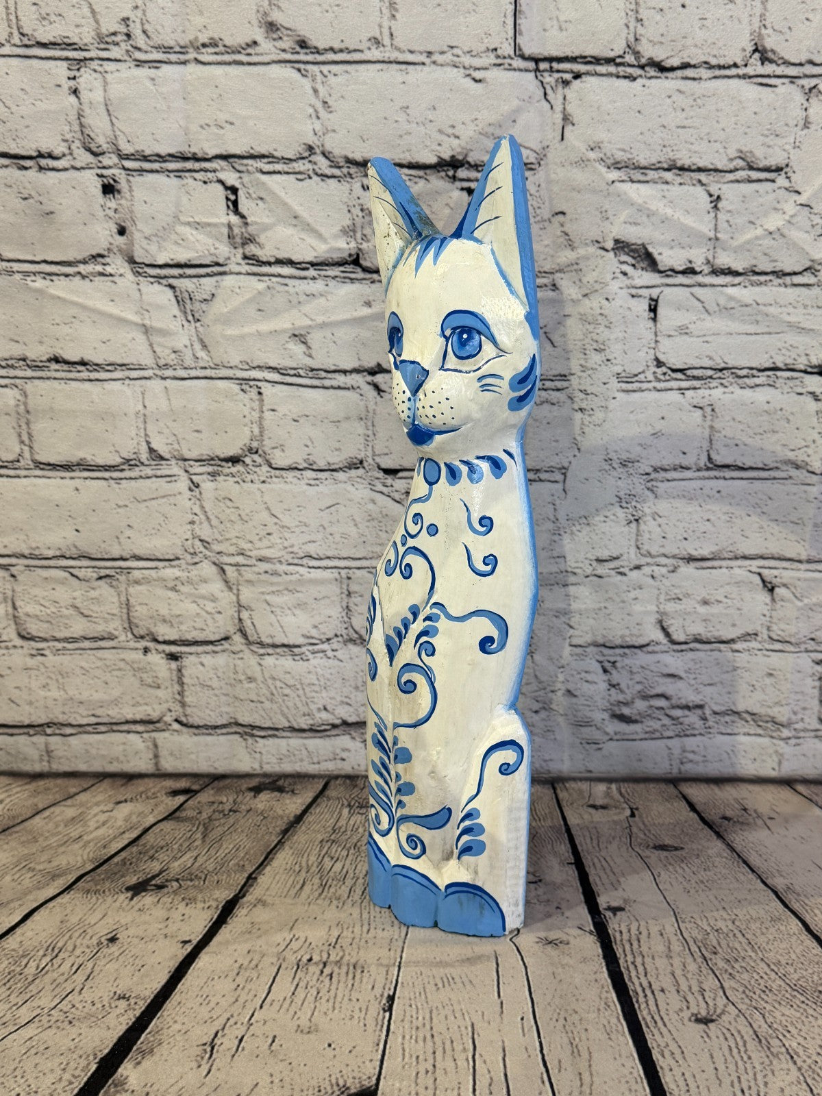 40cm Blue White Flower Wooden Shabby Cat Statue Ornament Fair Trade Handcarved1