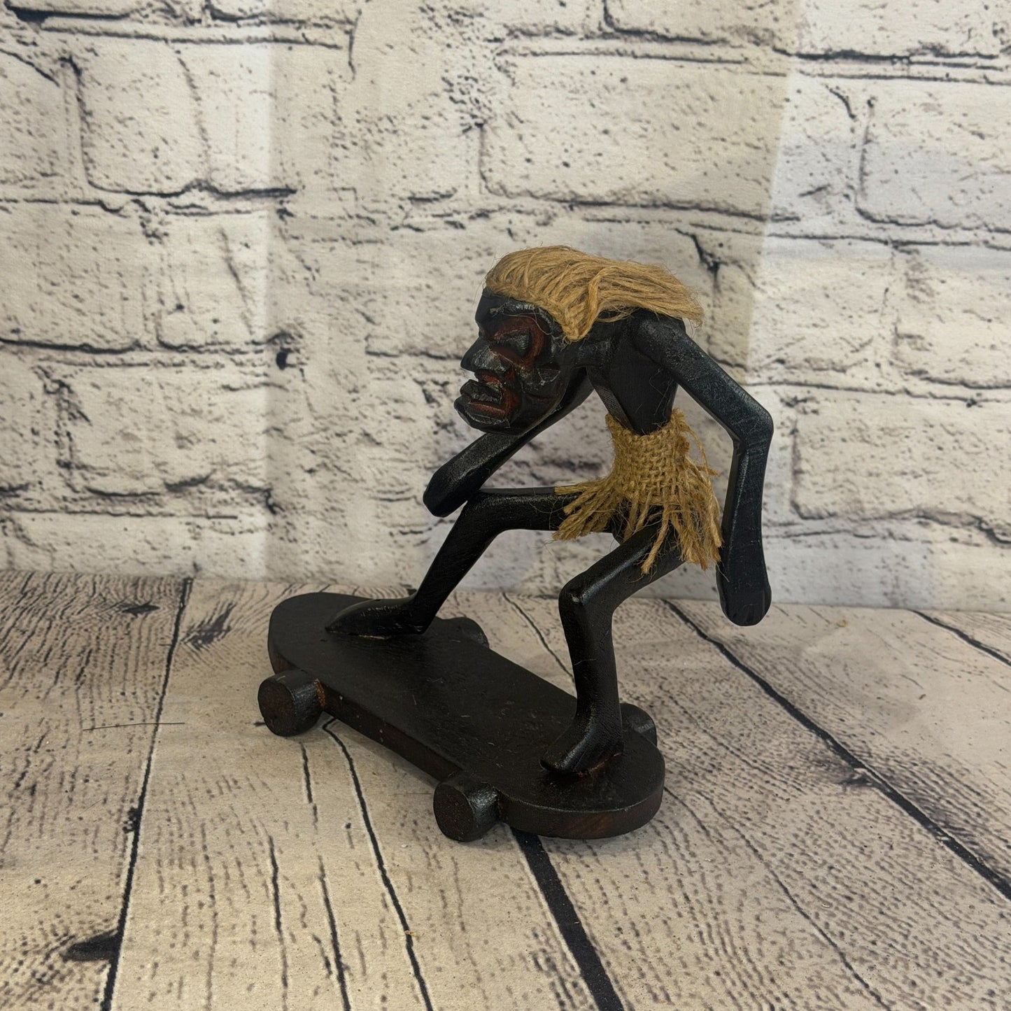 15cm Skateboard Riding African Tribal Warrior Man Figure Statue Wood Hand Carved2