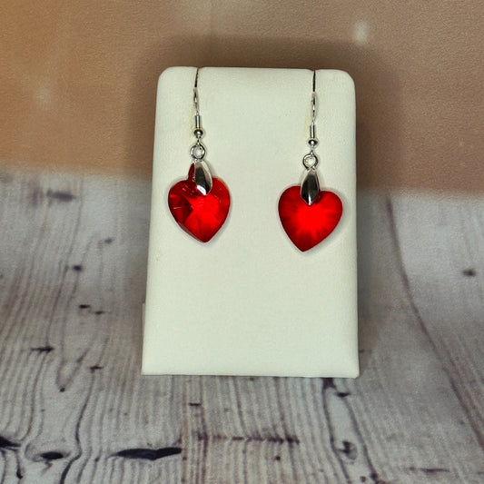 Bright Red Crystal Heart Shaped Dangle Drop Earrings Handmade UK Jewellery0