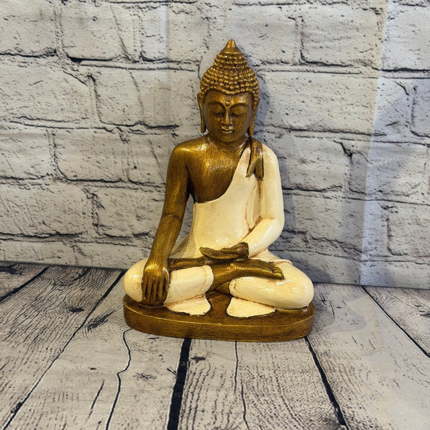 White & Bronze 25cm x 15cm Large Thai Buddha Sitting Statue Resin Hindu0