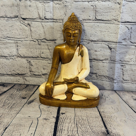 White & Bronze 25cm x 15cm Large Thai Buddha Sitting Statue Resin Hindu0