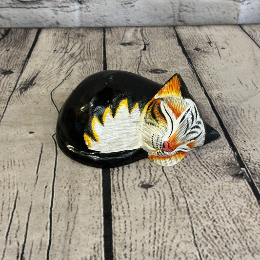 14cm Black Style Painted Wooden Hand Carved Snoozing Cat Sleeping Cat Wooden0