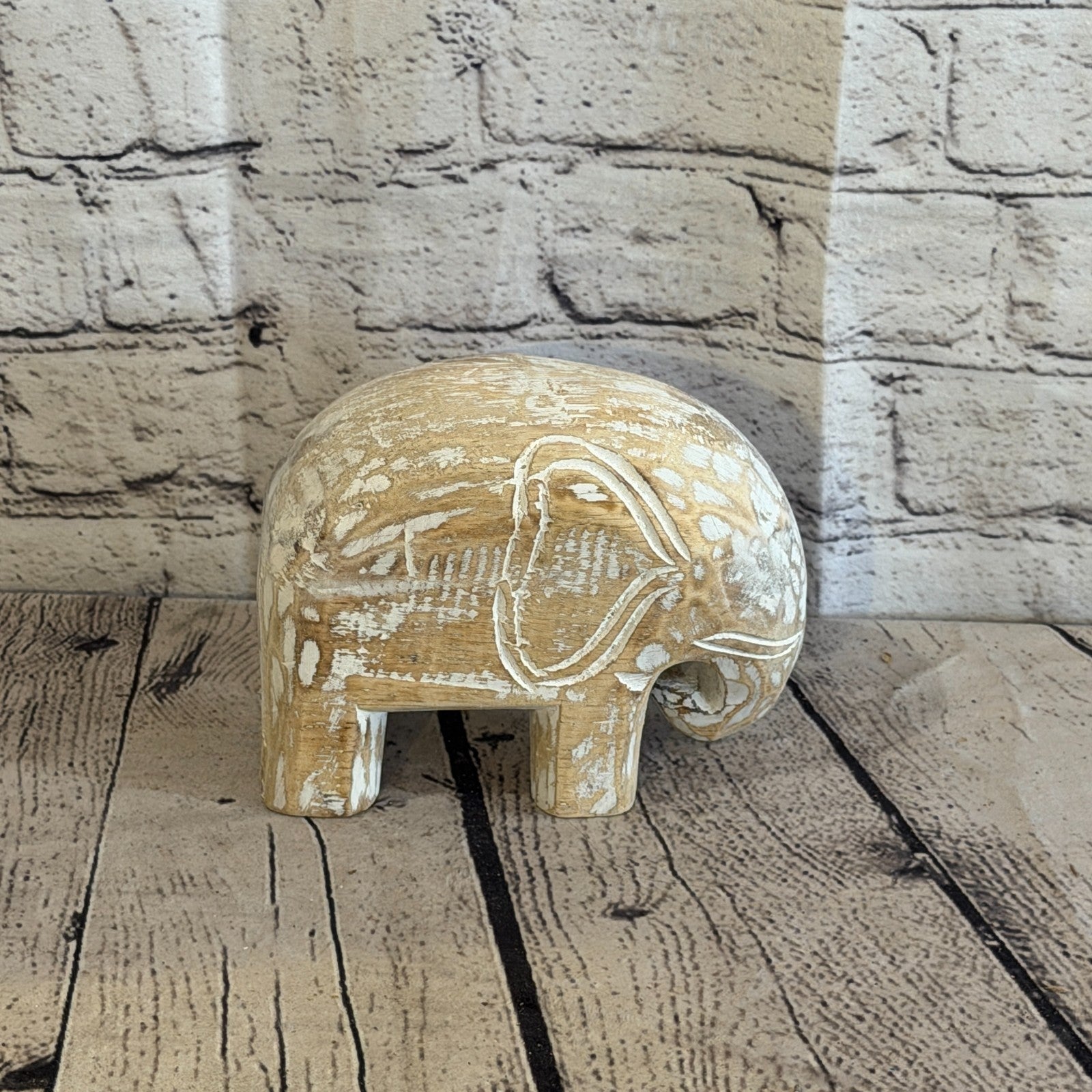10cm x 15cm White Wood Wooden Standing Elephant Hand Carved Painted Statue3